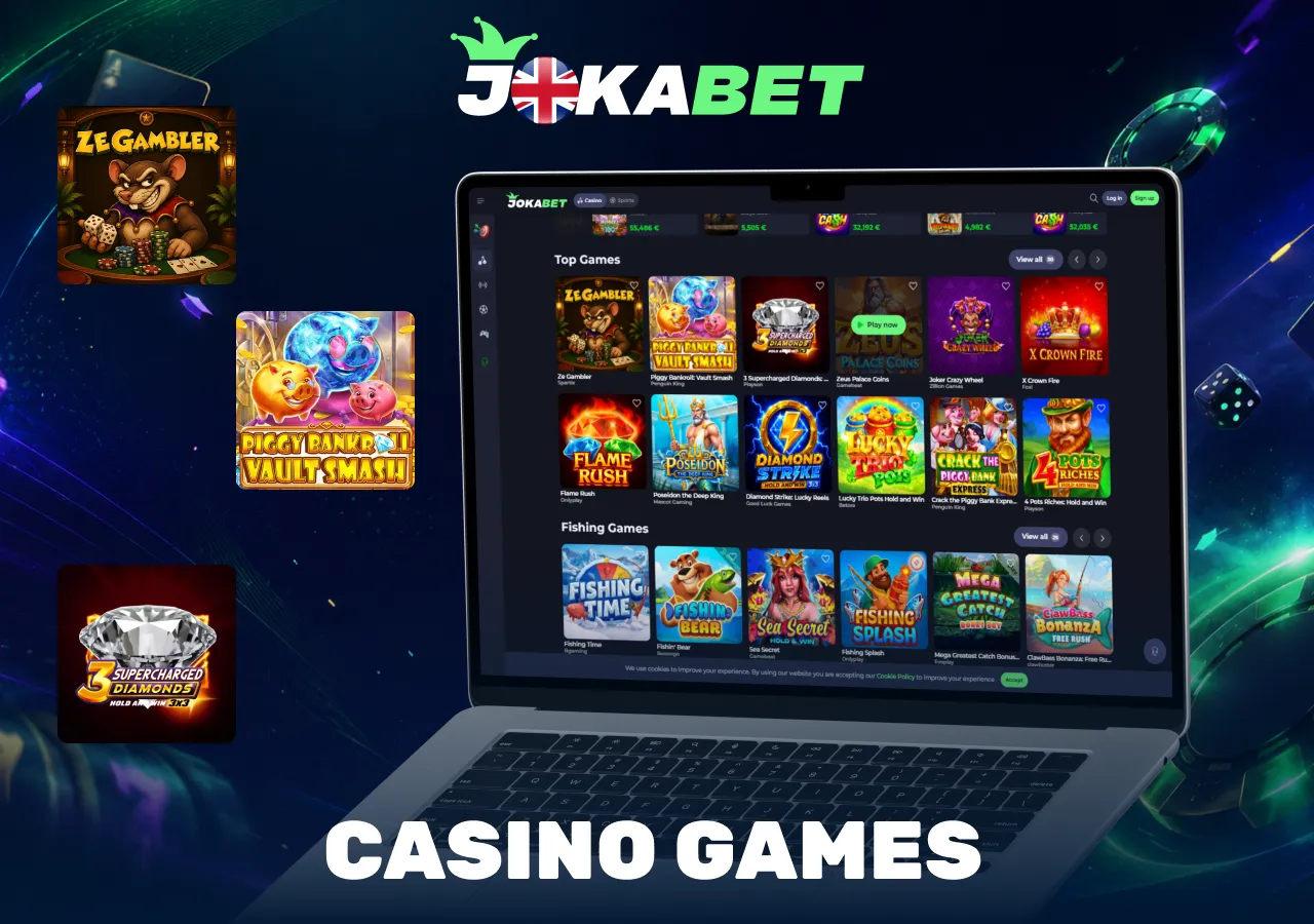 casino games selection featuring popular slots and fishing games available on the online casino platform.